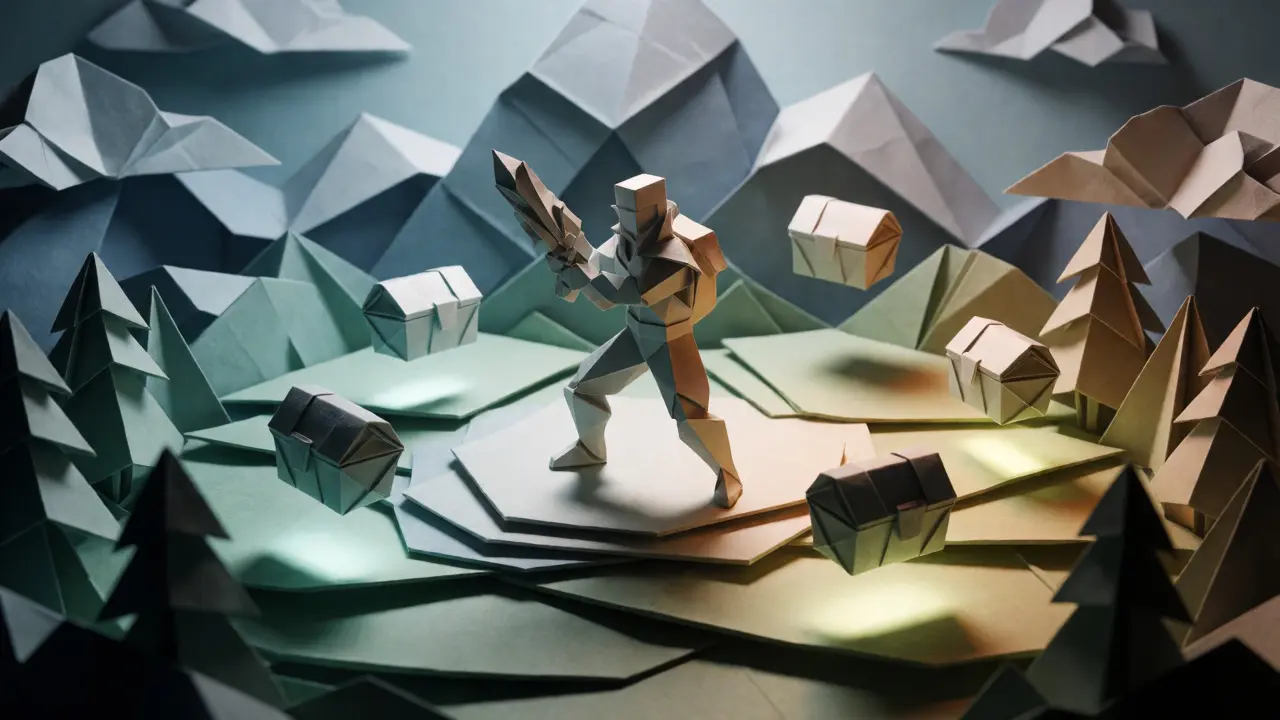 Paper-crafted battle hero standing in an origami landscape with chests