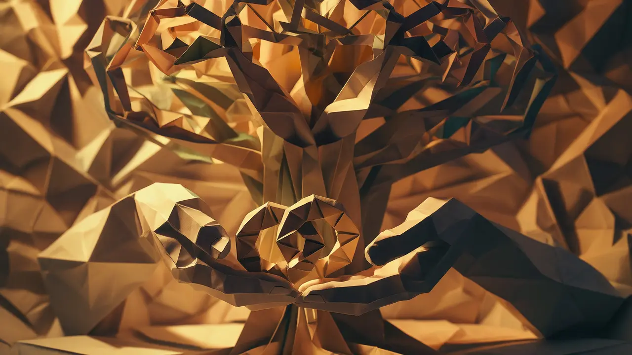 Paper hands holding interlocking rings near an origami network tree
