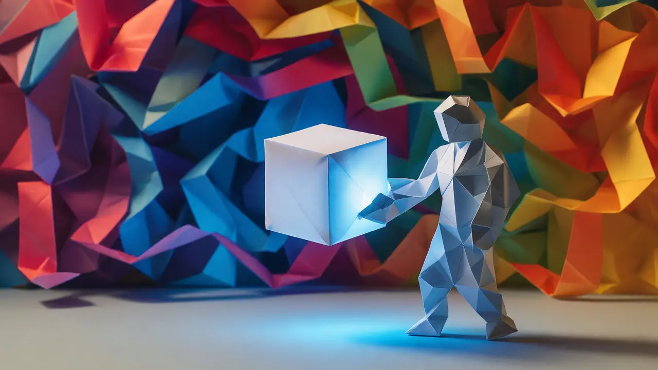 Person holding glowing origami cube of stablecoin amidst chaotic paper shapes