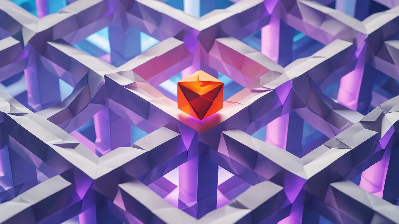 Small orange paper cube on intricate white and purple paper blockchain structure