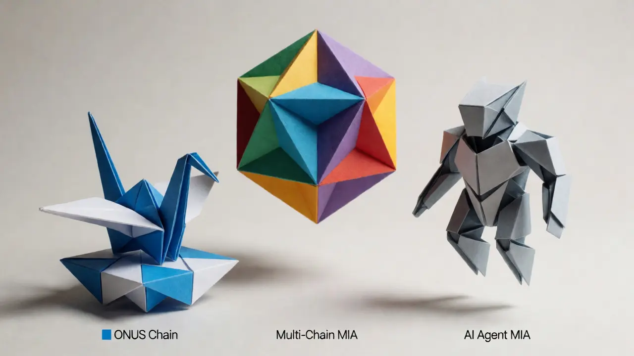 Three distinct origami figures representing different MIA tokens
