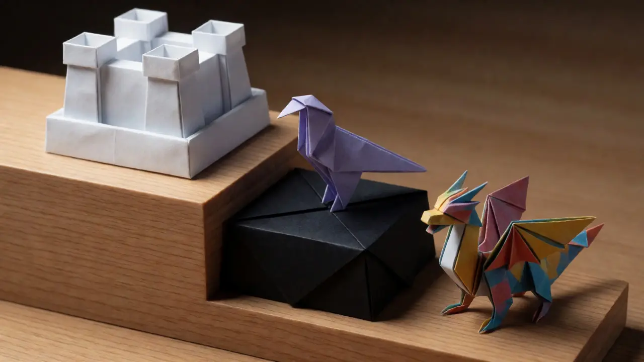 Three origami structures on tiers comparing stability and speed