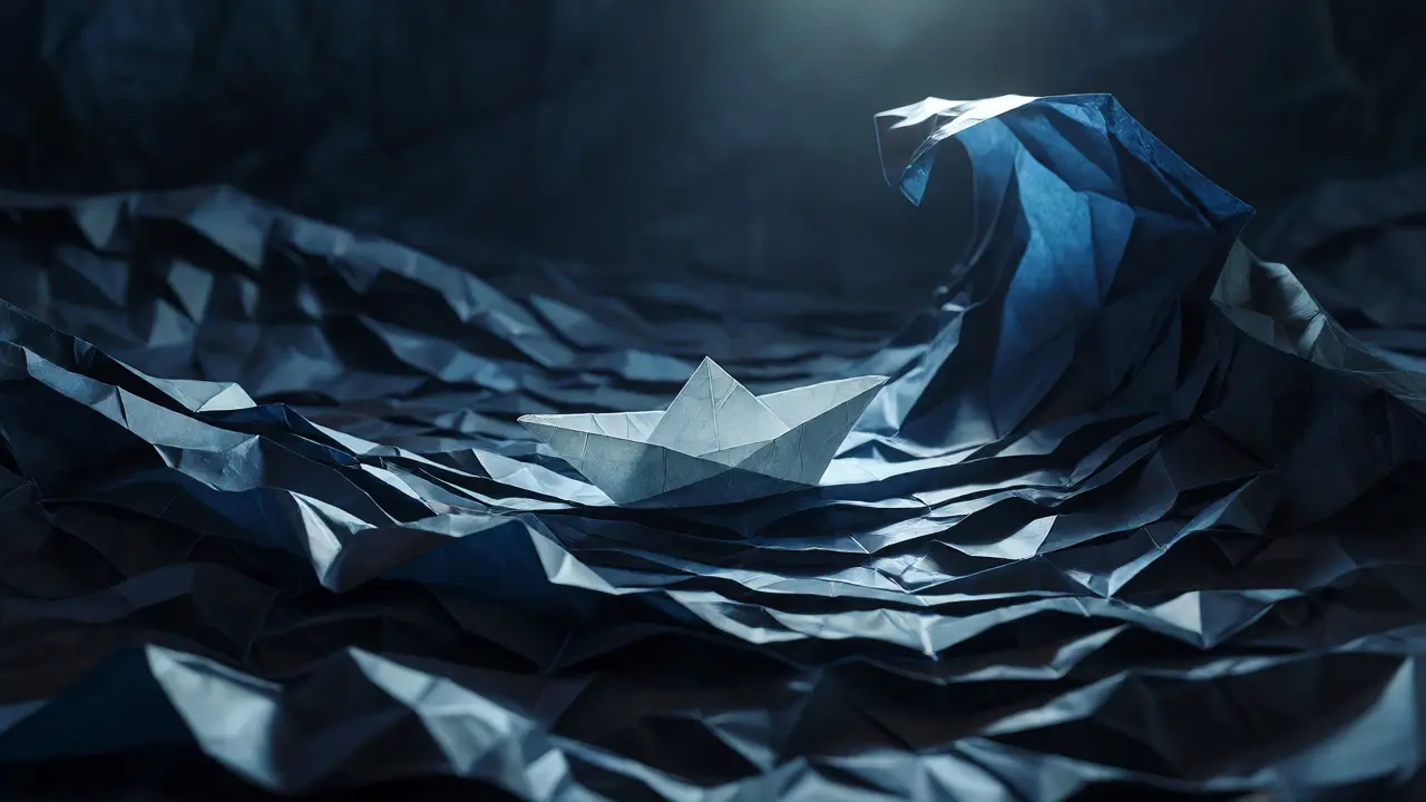 Tiny fragile origami boat on vast dark blue paper ocean waves