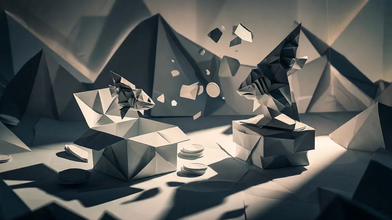 Two origami sharks representing dual-token economy amidst floating paper fragments.