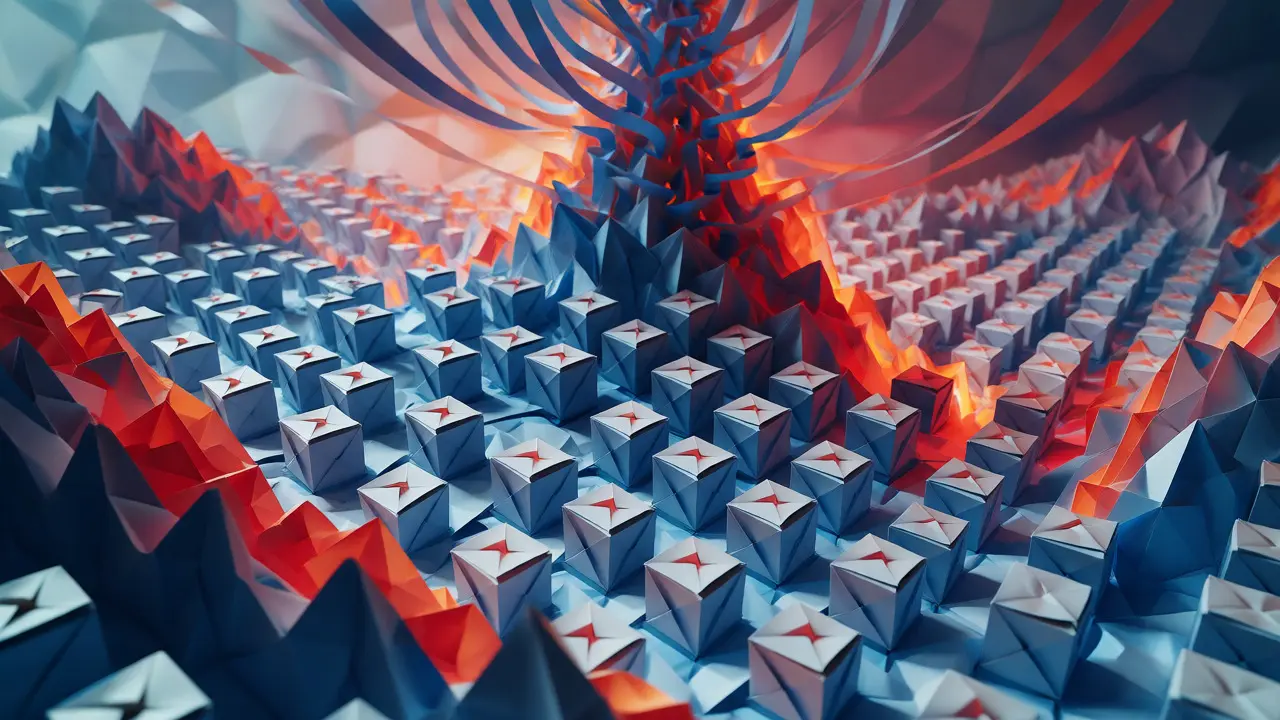 Vast origami landscape filled with mining machines
