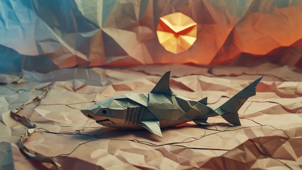 Weathered origami shark sitting alone on a dry paper landscape, signifying dormancy.