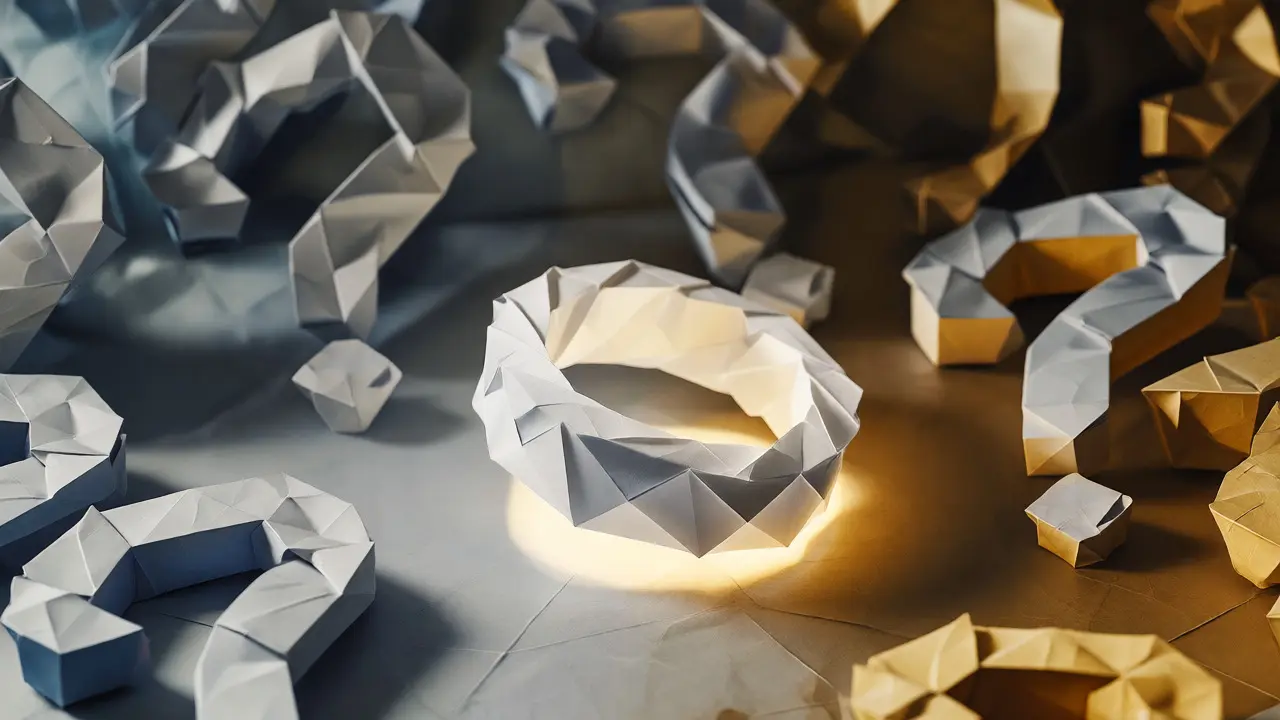 White origami ring surrounded by shadowy question-mark shapes