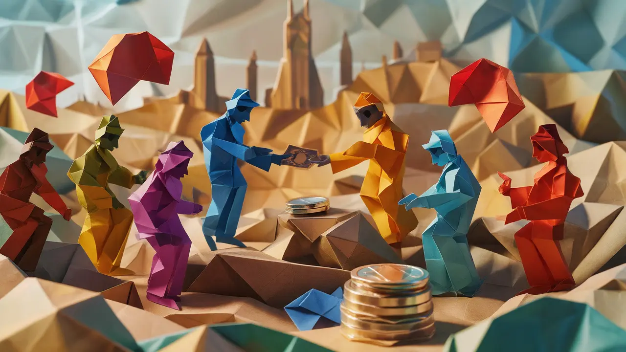 Young traders exchanging origami crypto assets